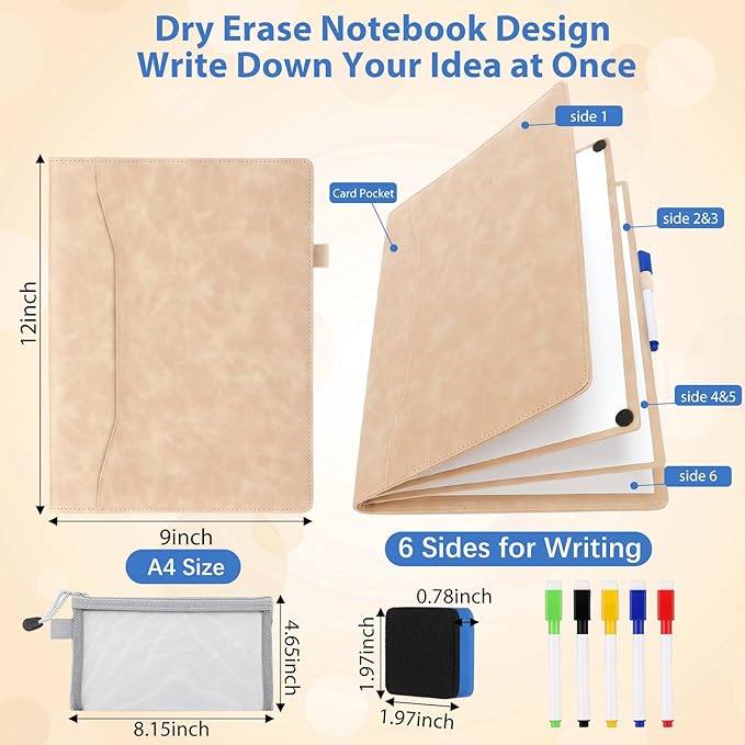 Feifeiya 6 Sides Dry Erase Notebook Portable White Board 12"x9"(a4) Travel Dry Erase White Board Notebook Foldable Anti-ghosting Surface for Office, School, Study, Travel & Business Meeting Planning