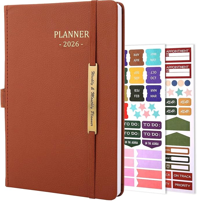 Tiankool Planner 2026, Jan 2026 - Dec 2026 Weekly Monthly Planner with Stickers, Elastic Closure, Inner Pocket, Round Corner, 5.8" x 8.25" - Brown