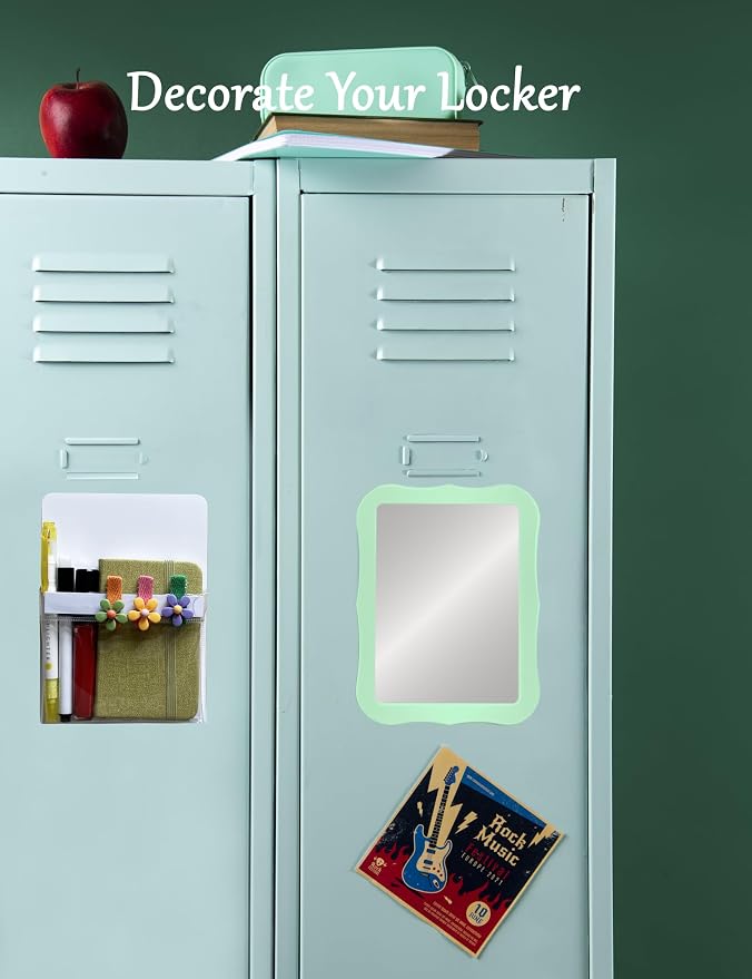 Magnetic Locker Mirror with Magnetic Pen Holders, Locker Accessories Kit, Back to School Essentials, Cute Decorative Locker Organizer for School Locker Decor, Office, Fridge, Home Decor(Green)