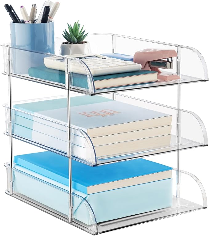 Desk Organizers and Storage, 3 Tier Clear Heightened Stackable Paper Tray Organizer for Document, Letter, A4 File Paper, Desk Accessories, Office Supplies (Clear, 3 Pack)