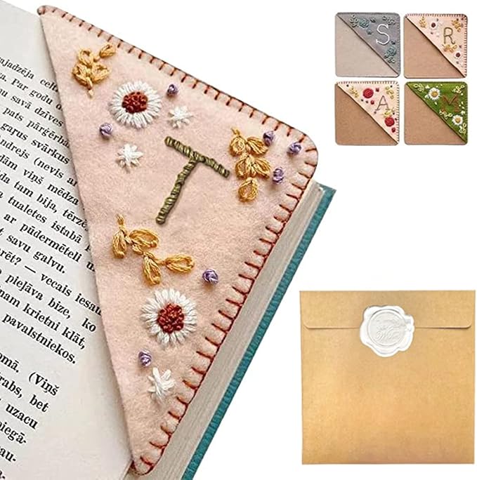 Personalized Hand Embroidered Corner Bookmark, 26 Letters Hand Stitched Felt Corner Letter Bookmark, Cute Flower Embroidery Bookmarks for Book Reading Lovers Meaningful Gift（Spring，T