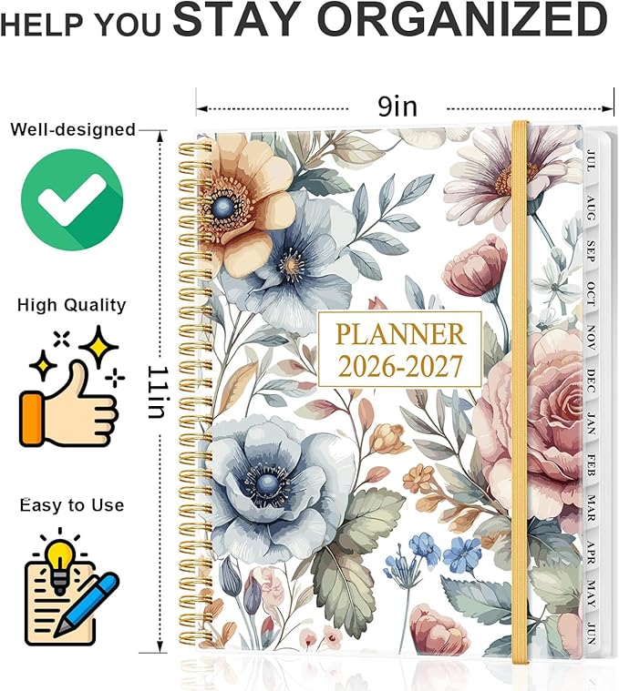 Academic Planner 2026-2027 - Weekly & Monthly Planner from July 2026 to June 2027, Agenda 2026 2027 with Inner Pocket, Elastic Band, 8.5" x 11", Colorful Large Flower
