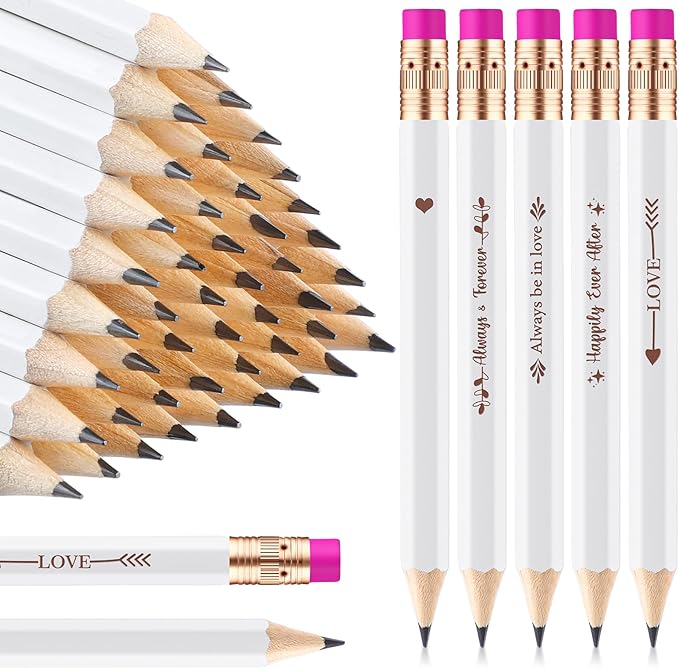 Crtiin 50 Pcs Bridal Shower Pencils Half Golf Wedding Pencils with Eraser 4 Inch Short Pocket Pre Sharpened for Wedding Game Bridal Shower Presents Classroom School(White and Rose Red)