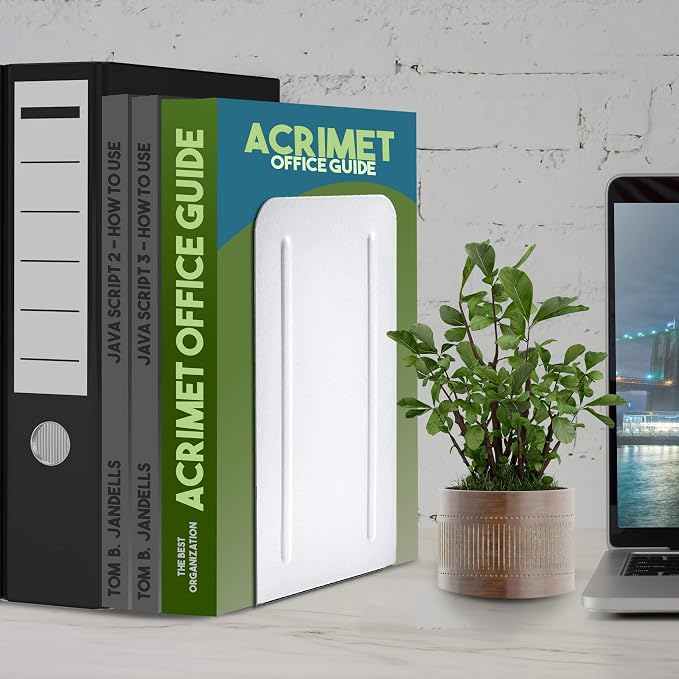 Acrimet Bookends for Shelves, Heavy Duty Steel Metal Book Ends, Non-Skid Book Stopper, Book Storage Holder for Home, Library, Jumbo Large Size 9" H x 4" W x 4 1/2" D, (White) (1 Pair / 2 Pieces)