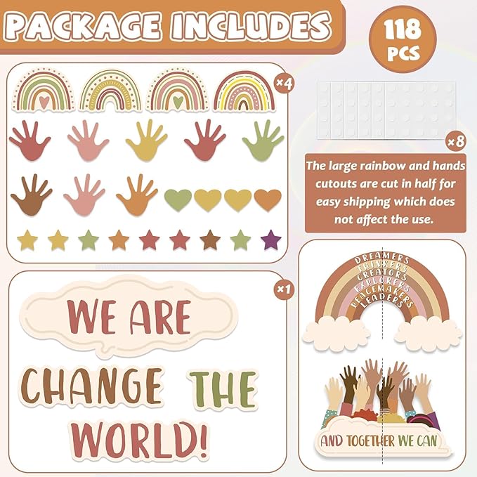 Lonfliness One World Together Classroom Decorations Boho Positive Rainbow Cutouts Motivational Bulletin Board Set Inspirational Classroom Wall Chalkboard Door Decor for Back to School Teacher Supplies