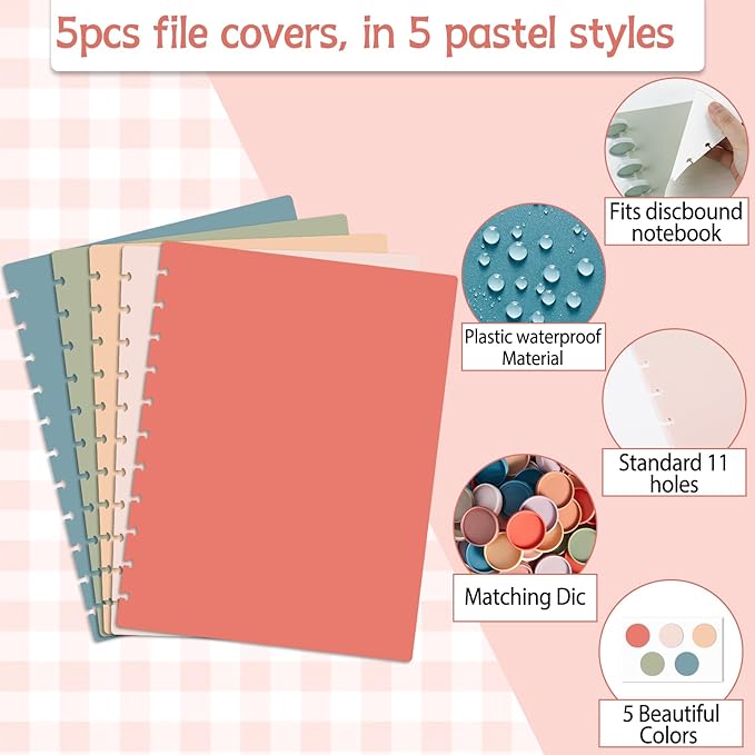gisgfim 5 Set Discbound Notebook Cover and Disc Set 8.5 x 11.75 inch Inch Poly Cover with Disc Discbound Notebook Accessories for School Office Subject Document (Vintage Color)