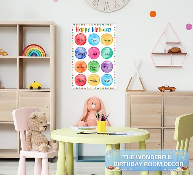 D24TIME Birthday Chart for Classroom - 16.5''x11.2'' Watercolor Happy Birthday Posters Calendars Class Bulletin Board Decorations Posters for Back to School Teacher Supplies