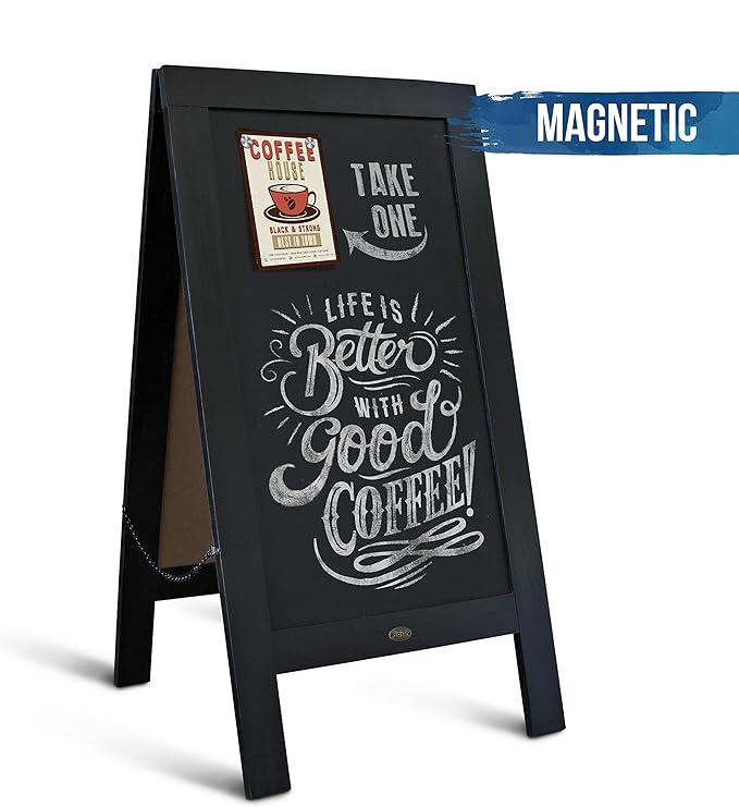 A Frame Chalkboard by HBCY Creations: 40x20 Solid Wood A-Frame Sign Black Double-Sided Magnetic Board, Chalkboard Menu Board, for Restaurants, Cafés, Weddings - Heavy Duty Hinges