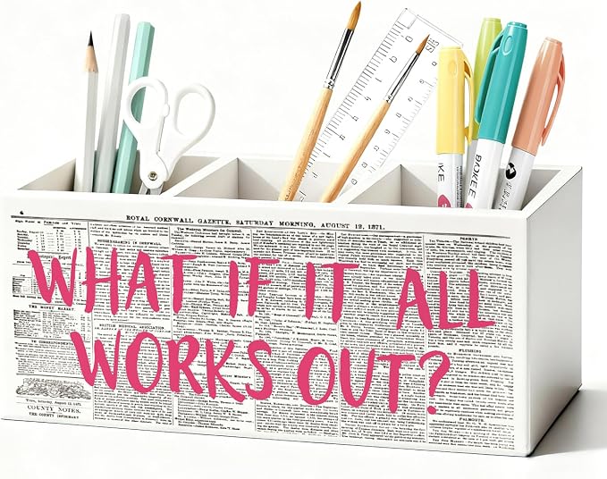 Inspirational Pen Holder, Positive Affirmation Gifts for Women Pencil Holder for Desk, What If It All Works Out Motivational Wooden Box Sign Decorations for Girly Room Dorm Desk Tabletop