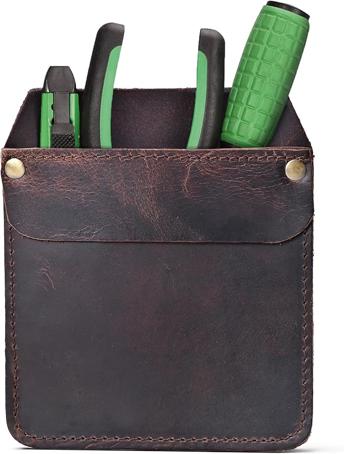 Large Pocket Protector Genuine Dark Brown Buffalo Leather Pen Holder Pouch Organizer for Shirts, Lab Coats, Pants - Multi-Purpose - Holds Pens, Pencils, tools and Notes for School, Office