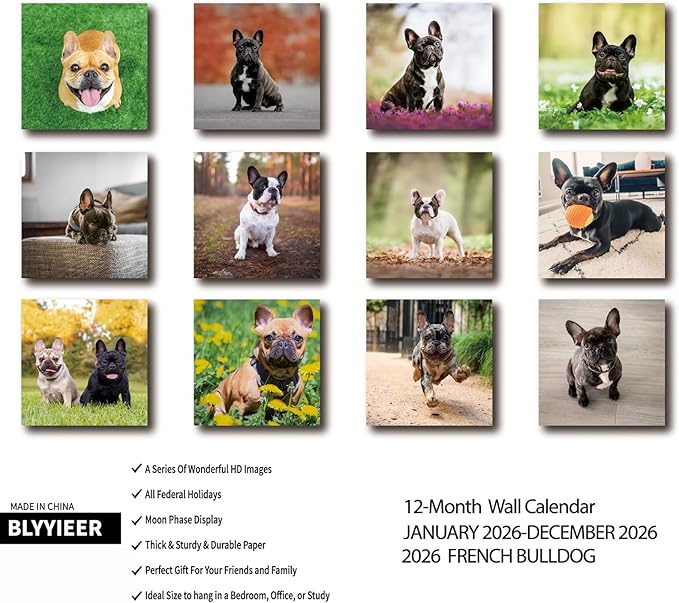 2026 Wall Calendar,French Bulldog Wall Calendar, 12" x 24" Open,Family Planner Calendar Organizer with French Bulldog Images, for Dogs Lovers