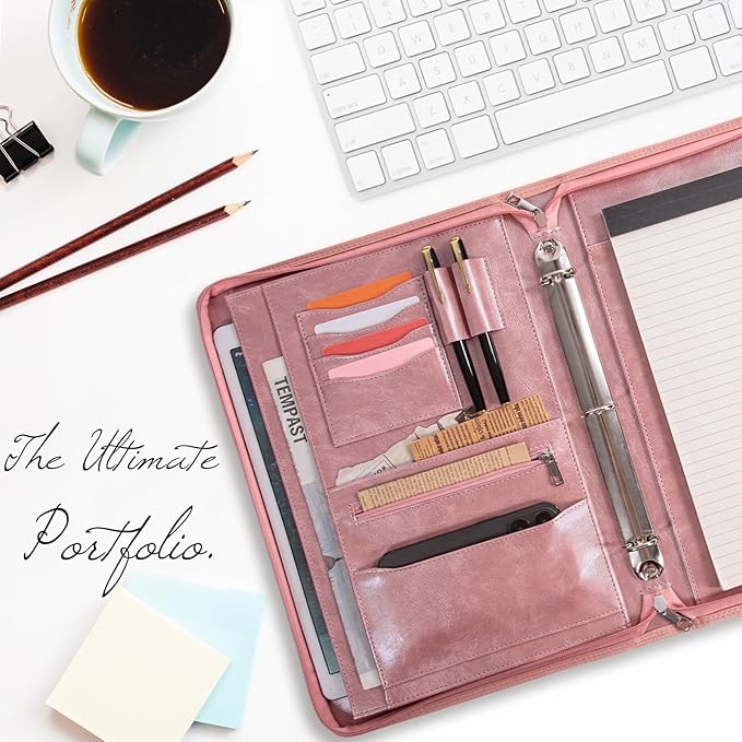 Calfinder3 Ring Portfolio Binder with Zipper, Leather Padfolio for Women, Professional Portfolio Organizer with Laptop/Tablet Holder, Business Padfolio for Resume/Notebook,Gift for Valentine's Day