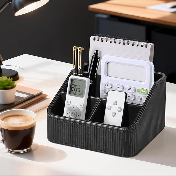 PU Leather Remote Control Holder with 4 Compartments, Small Desk Organizer Office Supply Bedside Caddy, All-in-One Small Bedside Remote Holder Nightstand Desktop Organizer