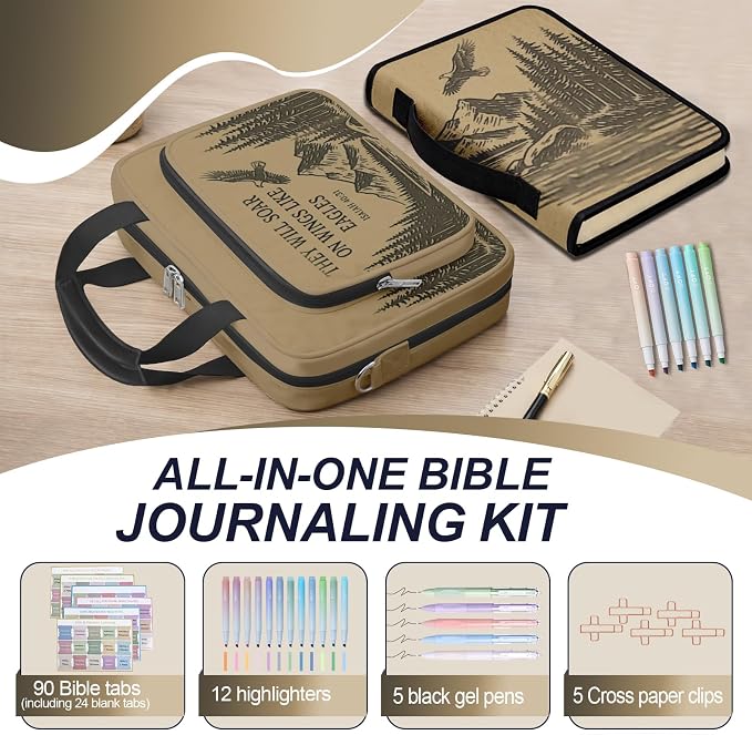 Eagle Bible Cover Case for Men Boys,Large Bible Bag Carrying Case with Strap & Handle Zipper Pocket, Bible Study Supplies Journaling Kit, Pens Highlighters Cross Clips Tabs Christian Gift