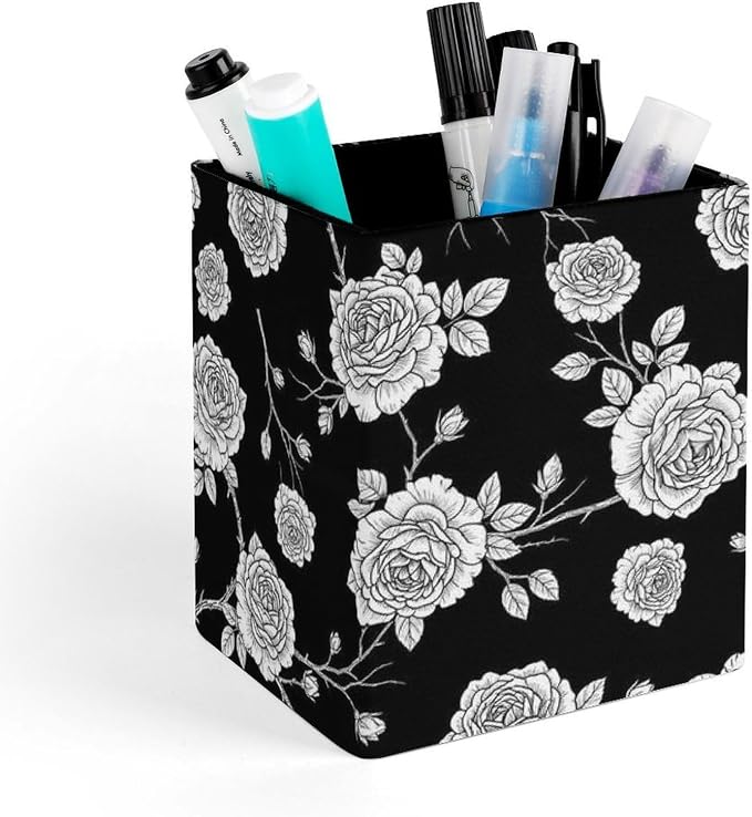 Pen Holder Square Leather Pencil, Holder Cup Makeup Brush Storage Organizer, Waterproof Multifunctional Office Supplies Black Roses Pattern