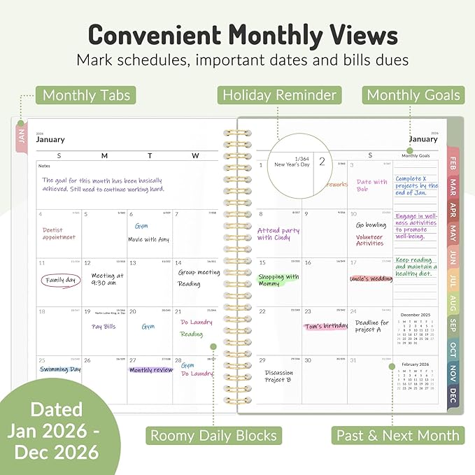 2026 Planner Weekly and Monthly, Jan - Dec 2026, 6.3" x 8.4”, Small Agenda Planner for Women, Aesthetic Calendar Planner with Spiral Bound, Month Tab, Flexible Cover for School, Office (A5, Purple)