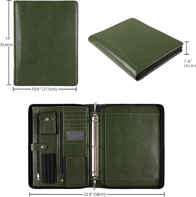 Green Leather Padfolio for Women/Men, Business 3 Ring Portfolio Binder, Personalized Zippered Organizer for A4 Notepad & 13-inch Laptop/Tablet