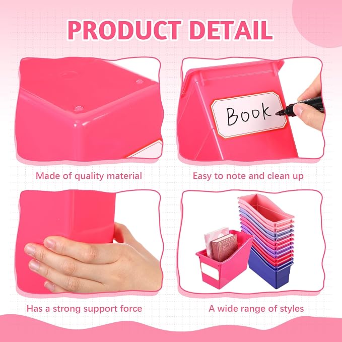 Teling 12 Pcs Book Bins Bulk - Plastic Book Storage Bin with Labels for Classroom Interlocking Magazine Holder Organizer Binder Container Box for School Office Desktop Bookshelf Home (Pink Purple)