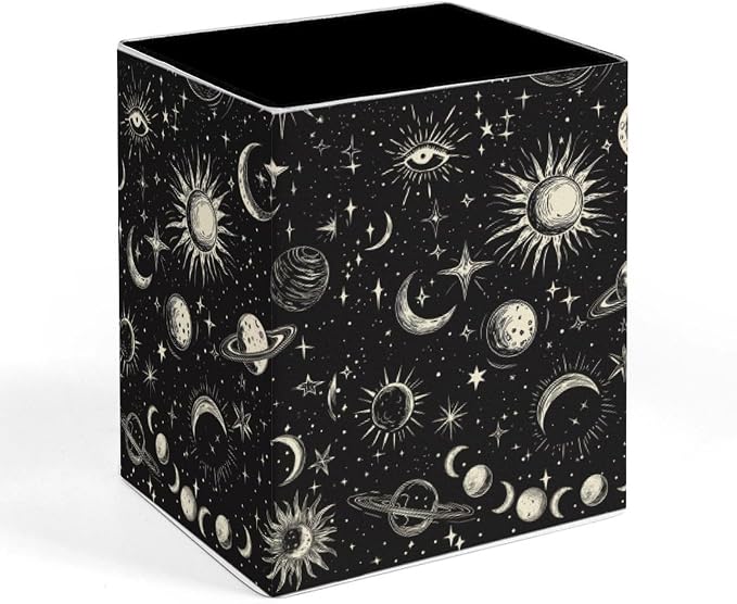 Stars Moon Sun Print Square Leather Pen Holder, Minimalist Desk Organizer for Office Home School, Pencil & Stationery Storage Box, Gift for Students Teachers Colleagues