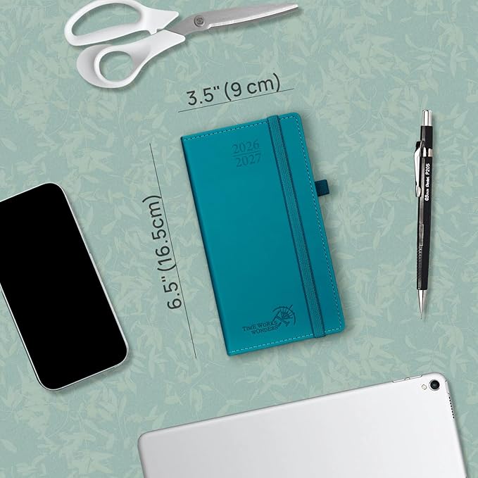 POPRUN Pocket Planner 2026-2027, Slim Size-3.5" x 6.5", 17 Month (Aug 2026 - Dec 2027) Academic Pocket Calendar for Purse, Small Weekly Appointment Book with Vegan Leather Hardcover - Pacific Green