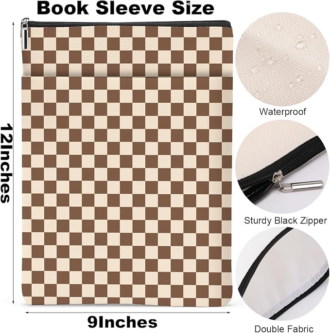 Brown Plaid Book Lovers Gifts Book Sleeve Vintage Checkered Waterproof Book Cover Book Pouch Book Protector with Front Pocket Book Club Christmas Birthday Gifts for Women Girl Reader Book Accessories
