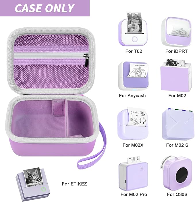 Sticker Printer Case for Memoking T02/ for ETIKEZ PM290C/ for Nelko PM230/ for Phomemo M02/ T02/ Q30S Mini Pocket Printer Machine. Holder for Label Maker, Thermal Paper, USB Cable (Box Only) -Purple