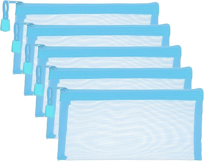 PATIKIL A6 Mesh Zipper Pouch Bags, 5 PCS Mesh Bags with Zipper Plastic Storage Pocket for Organizing File Beads Office Home Supplies, 10x20cm, Sky Blue