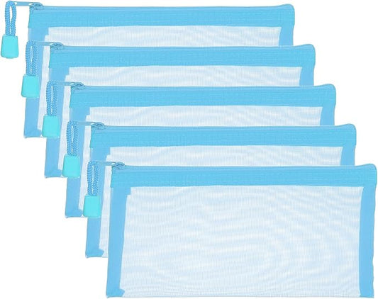 PATIKIL A6 Mesh Zipper Pouch Bags, 5 PCS Mesh Bags with Zipper Plastic Storage Pocket for Organizing File Beads Office Home Supplies, 10x20cm, Sky Blue