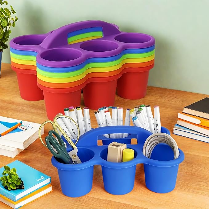 RAUVOLFIA 6 Pack Classroom Caddy Storage Basket with Handle, Plastic Drink Cup Caddy Holder, 6 Compartments for Kids, Table, Office, Arts, Crafts, Crayon, Marker, Pencil, School Supplies (Rainbow)