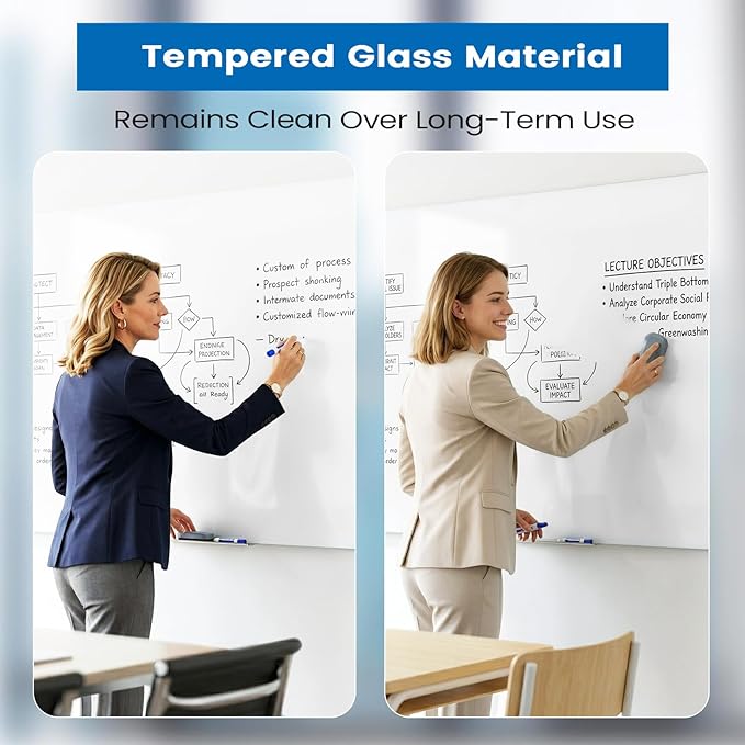 Large Glass Whiteboard, Enhanced Magnetism Glass Dry Erase Board for Wall, 48" x 36" Pure White Tempered Glass Board, 4' x 3' Big White Board for Home, Office, School