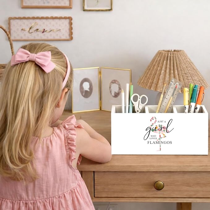 Flamingo Desk Organizer Wooden Pen Pencil Holder for Desk, 3 Compartments Office Accessories, Just a Girl Who Loves Flamingos Cute Bird Decor, Tropical Theme Table Storage for Home Office