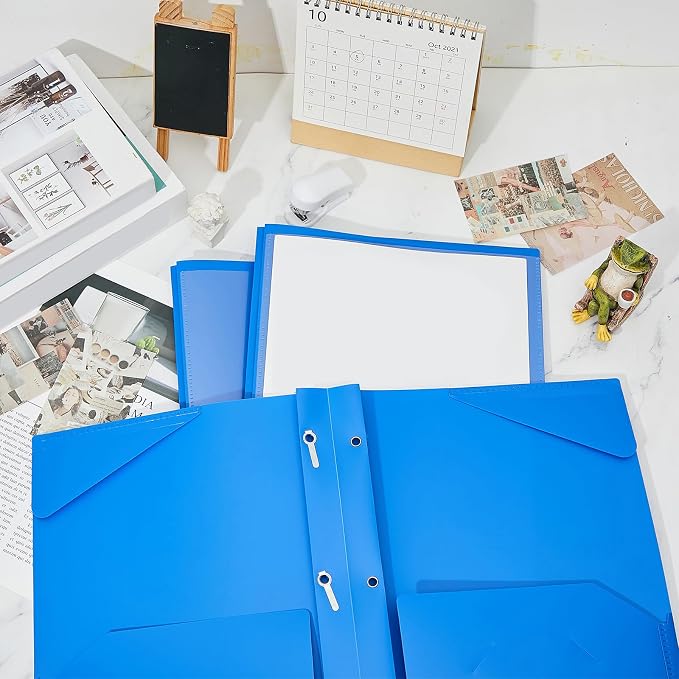 Henoyso 100 Pcs Plastic Folder with Clear Front Pocket and 3 Prong Plastic Folders with Card Slot Pocket Folders with Prongs for School Office (Blue)