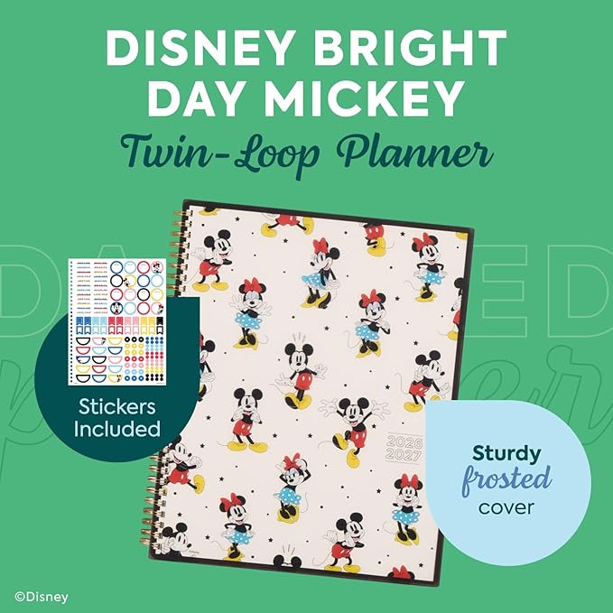 Organized by Happy Planner Disney Dated 12-Month Planner, Jul. 2026–Jun. 2027, Big Size, Dashboard Layout, Twin-Loop Binding, 3 Extra Months, 1 Sticker Sheet, 8.5" x 11", Bright Day Mickey