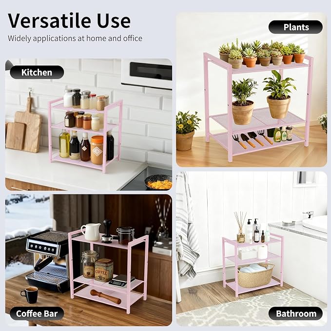 Desktop Shelf Organizer, 3-Tier Office Storage Rack, Adjustable Metal Bookshelf for Top of Desk, Pink Desk Organizer for Office, Home, Dorm and Small Spaces (Pink)