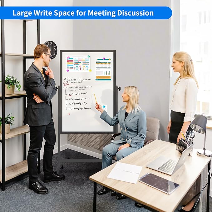 maxtek Rolling White Board, 48 x 32 Height Adjustable Whiteboard on Wheels, Large Magnetic Standing Mobile Easel Board, Double-Sided with Stand for Office, Home, and Classroom（Black）