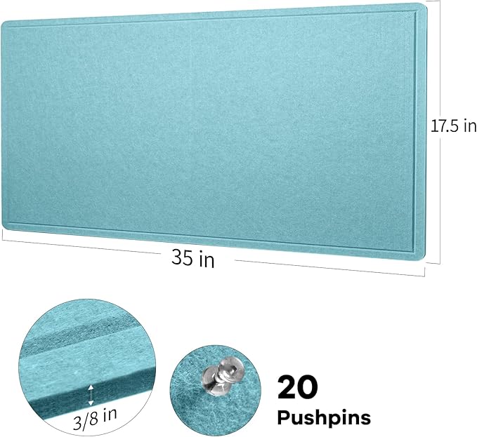 Lightomorrow Bulletin Board, 35 x 17 1/2 inches Felt Board - Decorative Pin Board, Cork Board Alternative for Wall, Foldable Self-Adhesive Vision Board Prayer Board with 20 Pushpins-Turqoise Blue