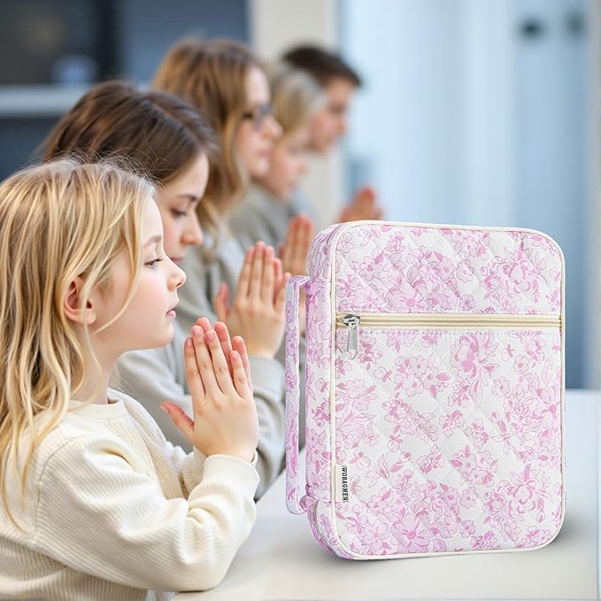 WOBAGMEN Bible Cover Case for Women,Large Bible Tote Bags Organizer Quilted Carrying Case for Girls,Bible Study Supplies Accessories Christian Gifts for Women (Purple Floral, M)