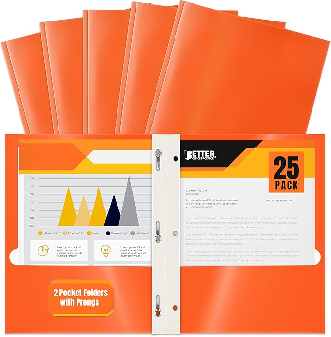 Better Office Products 2 Pocket Glossy Orange Paper Folders with Prongs, 25 Pack, Letter Size, High Gloss Orange Paper Portfolios with 3 Metal Prong Fasteners, Box of 25