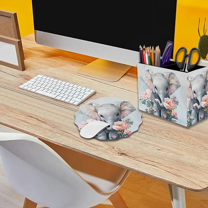 Pen Holder for Desk, PU Leather Multifunctional Desktop Storage Box and Anti-Slip Mouse Pad Set, Makeup Brush Holder Pen Organizer for Office and Home - Little Elephant Flower