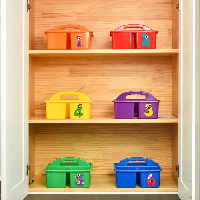 ALINK Plastic Classroom Caddy Organizer with Handle, 6-Pack 3 Compartments, Teacher Supply Storage Caddy for Classroom Organization, Table, Desk, Office, Craft Art for Kids - Assorted Colors