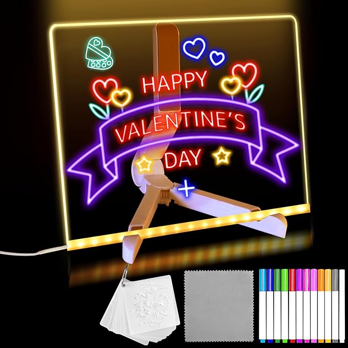 LED Acrylic Message Board, Light Up Acrylic Dry Erase Board 5.9x5.9” with Stand, LED Note Board with Colors, Glow Memo Message Writing Board with Light, Drawing Stencils Set Included