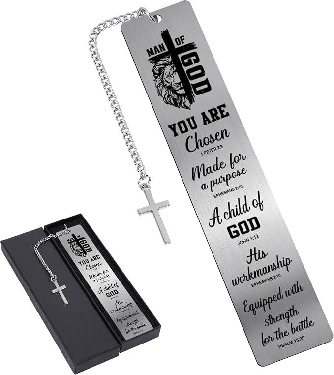 Bible Verse Metal Bookmark - Christian Man of God Lion Book Mark with Cross Pendant Religious Scripture Inspirational Page Marker Gift for Reading Men Birthday Church Baptism Accessories
