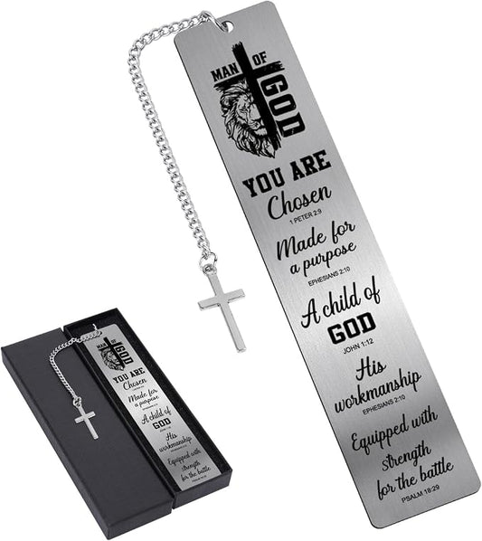 Bible Verse Metal Bookmark - Christian Man of God Lion Book Mark with Cross Pendant Religious Scripture Inspirational Page Marker Gift for Reading Men Birthday Church Baptism Accessories