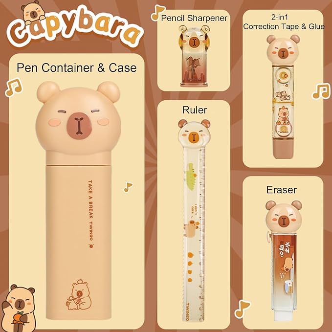 MOZXIRZ 5 Pcs Cute Capybara Stationery Set Cartoon School Supplies Kawaii Office Supplies Including Eraser Pencil Sharpener Ruler Correction Tape Glue Cute Stationery Kit (5Pcs Capybara-1)
