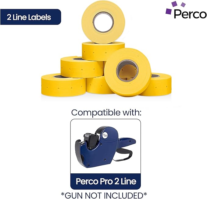 Perco 2 Line Yellow Labels - 8 Rolls, 1 Sleeve, 6,000 Blank Price and Date Gun Labels for Perco 2 Line Price and Date Guns - Made in USA