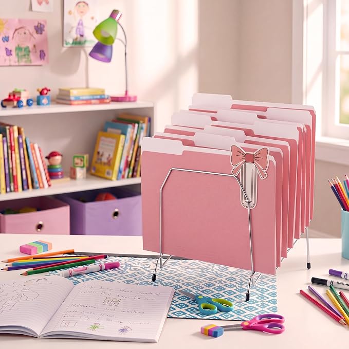 Qeeenar 30 Pcs Pink File Folders Bulk Letter Size 8.5 x 11 1/3 Cut Tabs Basics File Folders Jacket Reinforced Straight Cut Tab Pink Bow Paperclips Decoration Flats No Expansion