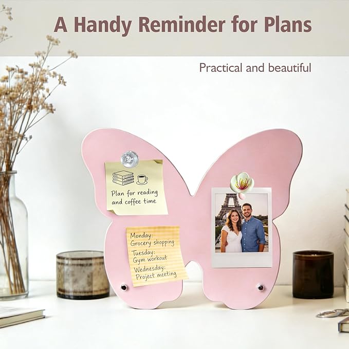 2 Pack Desk Magnet Board,Black Magnetic Board,Metal Magnetic Bulletin Board,Magnet Display Stand with Flower Pins for Home, School, Kitchen, Office (Pink)