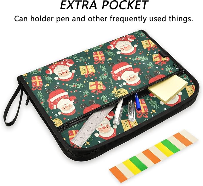 File Folders Santa Claus Gifts and Christmas Green Plastic Folders with 13 Pockets, Expandable File Folder for Documents School Students Office, Aesthetic Folder with Labels A4 Letter Size