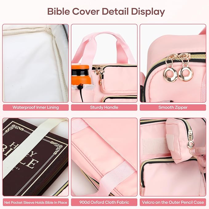 Bible Cover Case for Women, Large Bible Bag with Removable Pencil Case, Shoulder Strap and Highlighters for Bible Study Supplies, Church Bag Carrying Journaling Kit, Christian Gift for Women