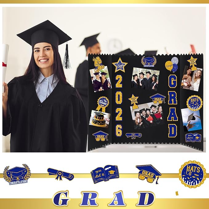 AmazingSpark 4 Sets Graduation Photo Display Board Trifold Poster Board with 12 Graduation Themed Stickers for 2026 Grad Party Decoration Picture Collage Frame Supplies (24 x 16,Blue Gold)